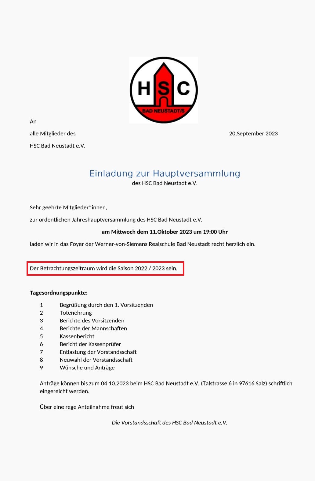 Jahreshauptversammlung 2022-2023 - HSC Bad Neustadt